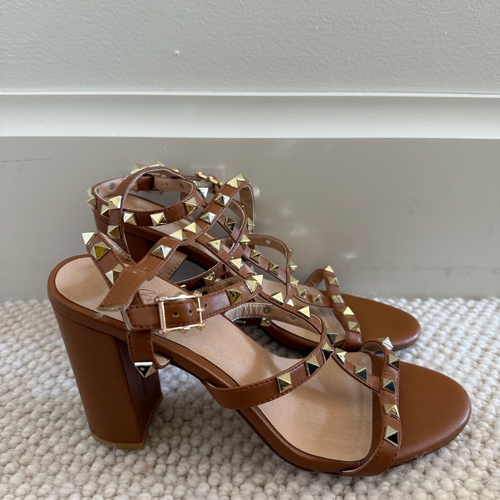 Studded Brown Block Heel Sandals